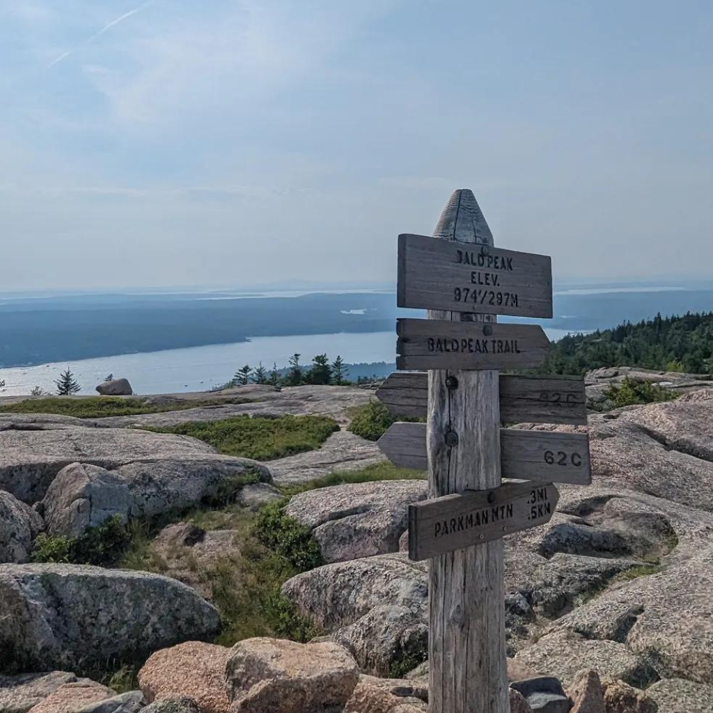 Post with the wooden sign for Bald Peak at the summit in Acadia National Park