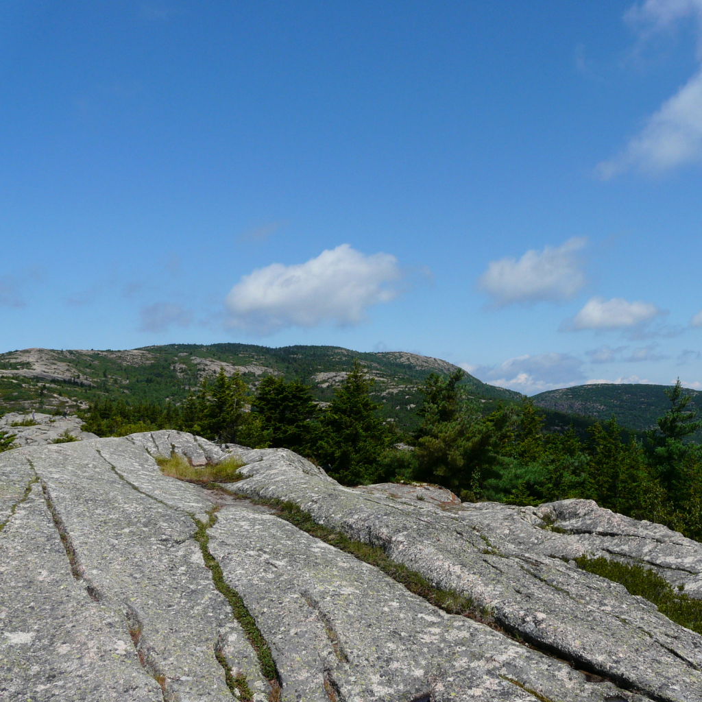 View on the hike up Cadillac Mountain South Ridge Trail looking towards the summit in Acadia National Park