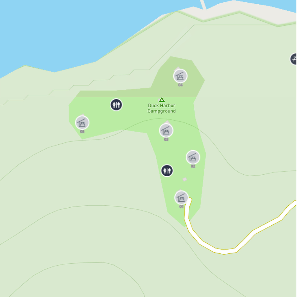 Map of the 5 campsite locations at Duck Harbor Campground