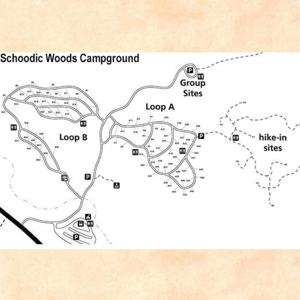 A map depicting the best camping in Acadia National Park at Schoodic Woods Campground