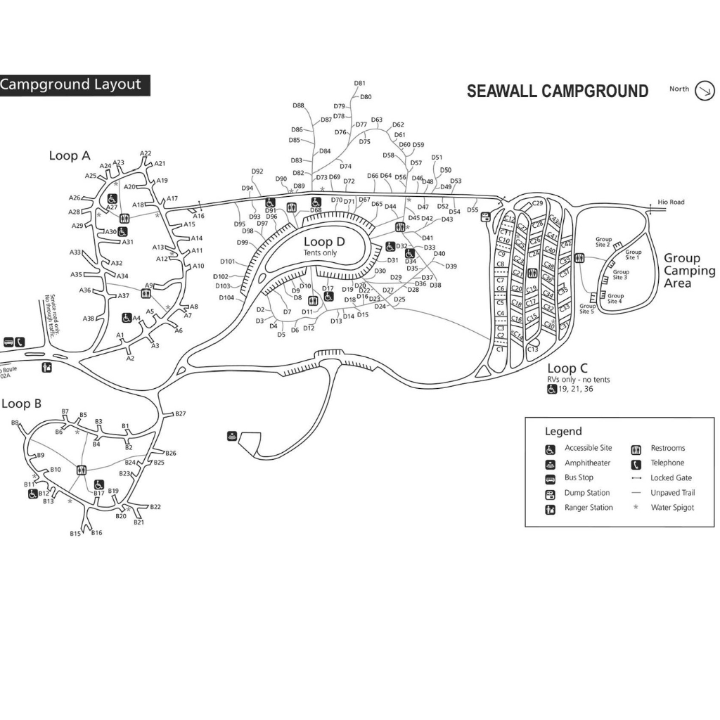 A map depicting Seawall Campground in Acadia National Park