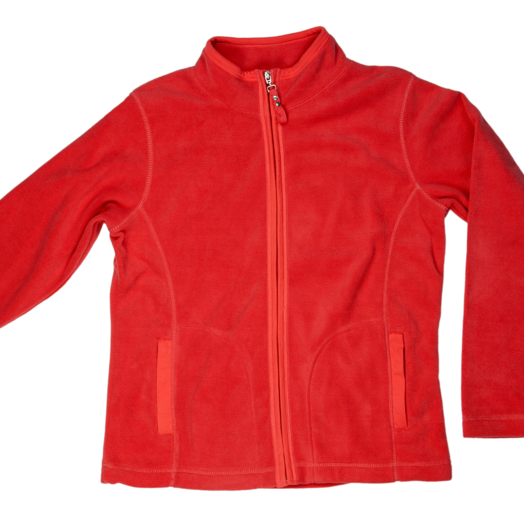 A red zip front fleece jacket with two zippered hand pockets for hiking